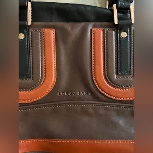 Longchamps vintage leather bag. Dark brown with black and orange trim